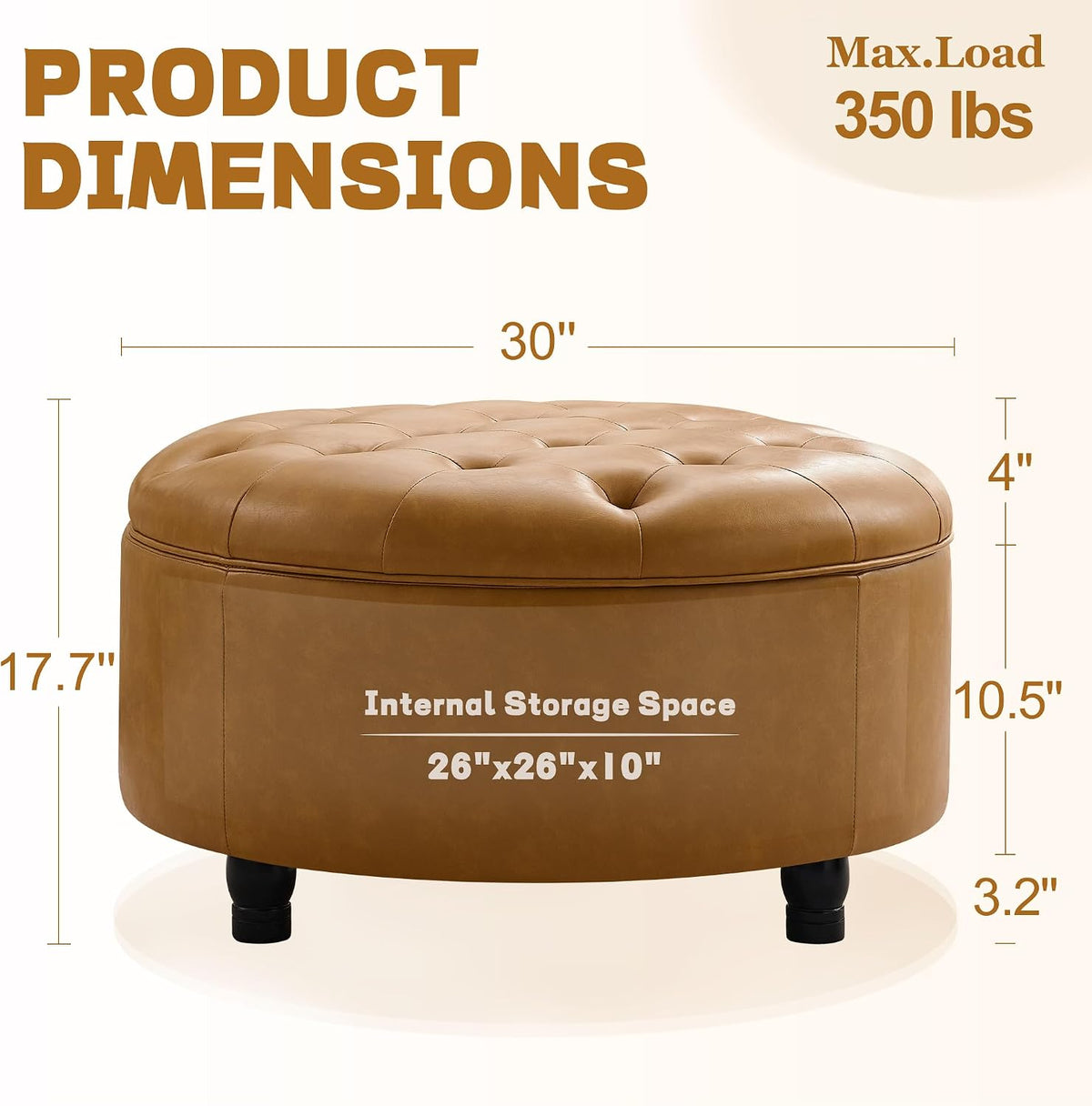 30-Inch Round Storage Ottoman, Leather Ottoman (Bright Orange) | Button Tufted Ottoman with Storage, Ottoman Coffee Table with Removable Top for Living Room, Bedroom, Office
