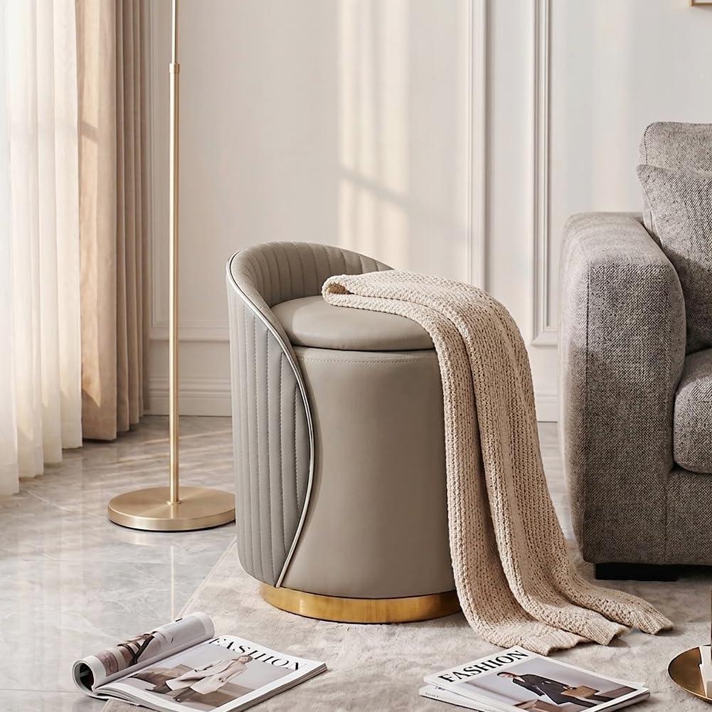 Luxury Vanity Stool with Storage, 360° Swivel Vanity Chair with Back, 400lbs Round Ottoman Leather Makeup Vanity Stool, Dressing Table Seat for Bedroom Bathroom Dressing Room (Gray- B)