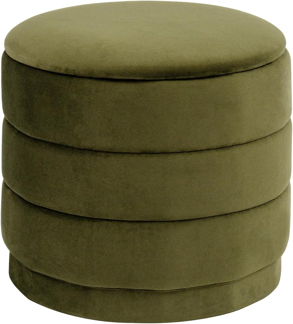 15.4" Round Velvet Storage Ottoman with Reversible Lid, Upholstered Circular Ottoman Footrest with Hidden Storage, Foldable Padded Footstool for Dorm Living Room & Bedroom, Olive Green