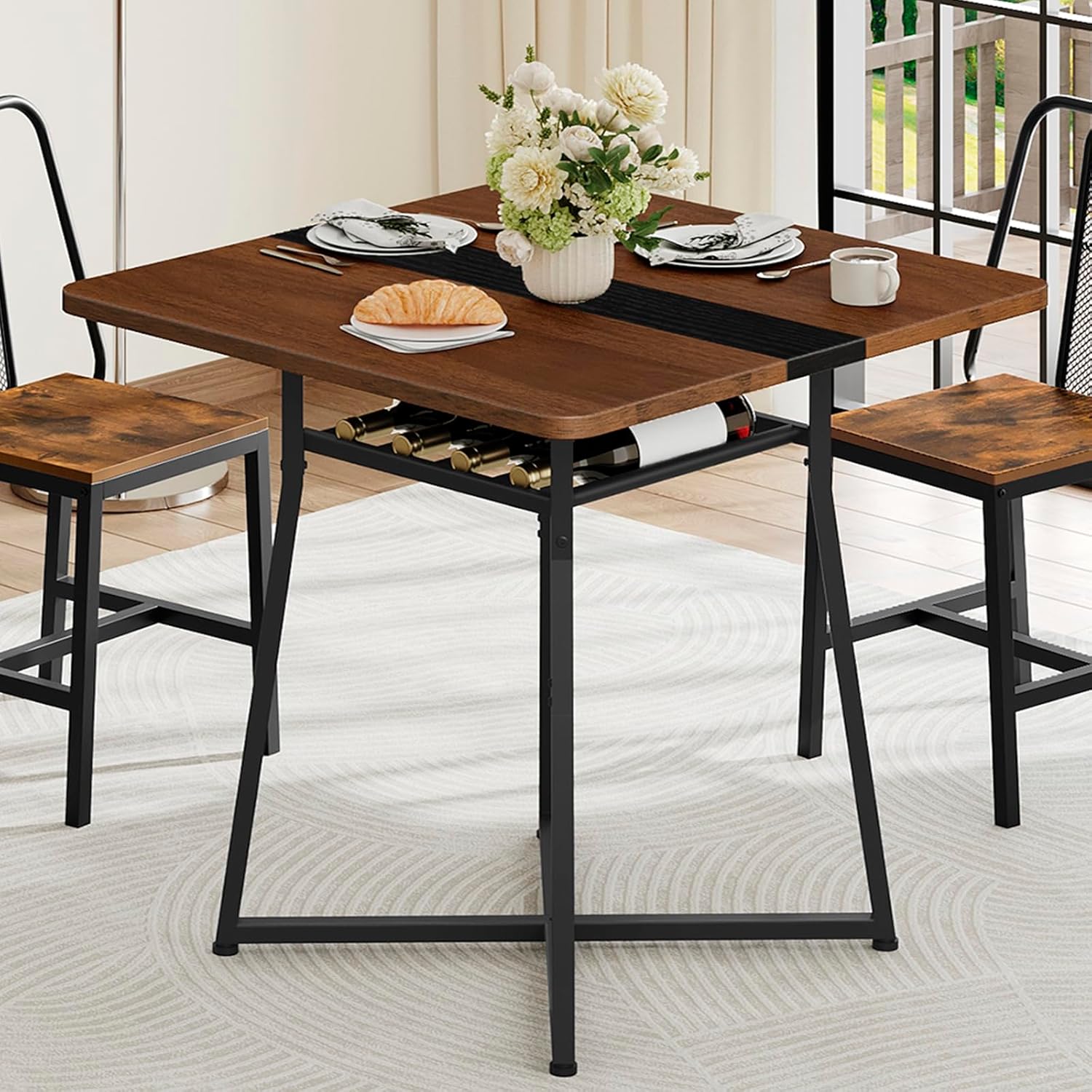 YATINEY Dining Table, 29.5'' Kitchen Table, Dining Room Table with Wine Rack, Versatile Small Dining Table, Easy Assembly, for Restaurant, Cafe, Apartment, Black and Walnut CZ02BH