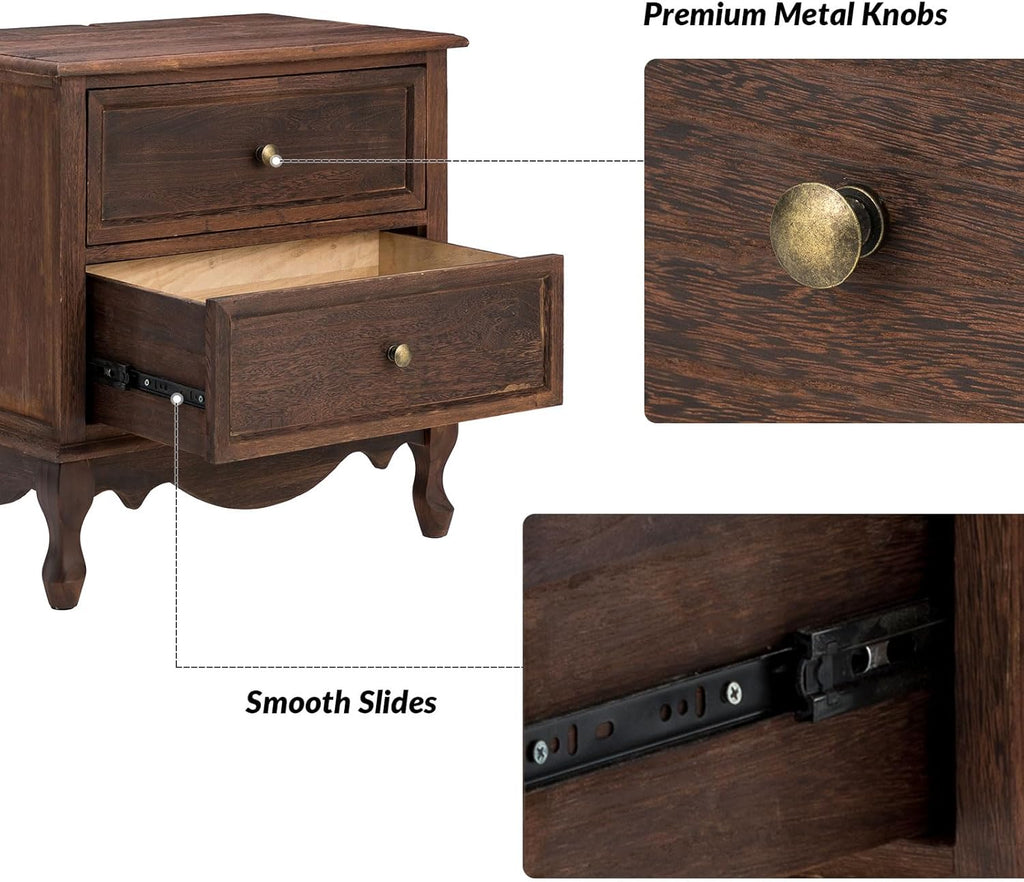 End Table with Charging Station, Wood Side Table with 2 Drawers Organizer, Farmhouse Accent Table for Living Room and Sofa, Walnut