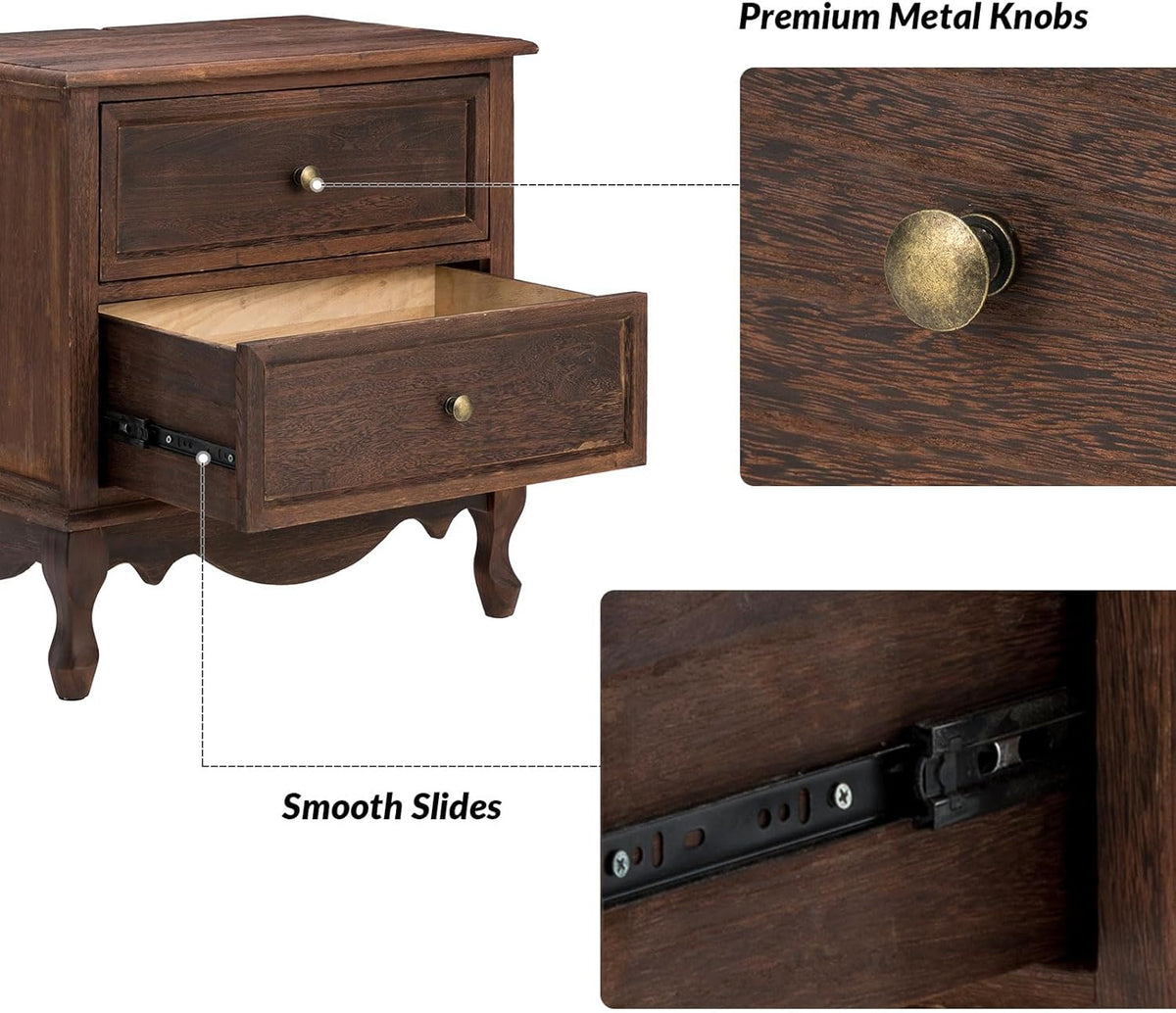 End Table with Charging Station, Wood Side Table with 2 Drawers Organizer, Farmhouse Accent Table for Living Room and Sofa, Walnut