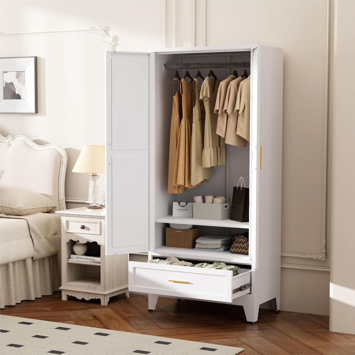 Metal Wardrobe Closet for Bedroom, 71" Freestanding Armoire Wardrobe with Drawer and Shelf, Hanging Rod Clothing Storage Cabinet with Two Doors, Tall Farmhouse Clothes Cabinet Bedroom Armoires
