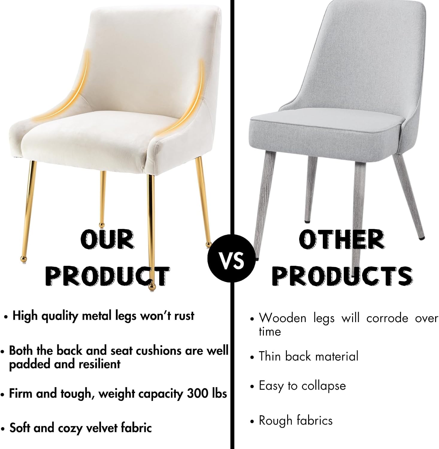 Hyfirm Modern White Dining Room Chairs Set of 2, Upholstered Velvet Dining Chair with Gold Metal Legs Accent Side Chairs for Living Room Kitchen