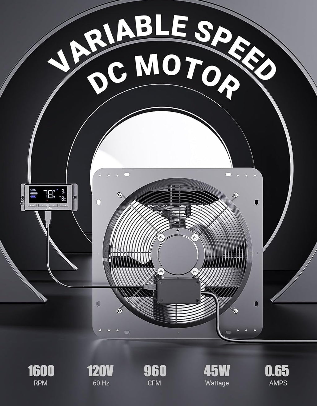 iLiving 12" Wall Mounted Shutter Exhaust Fan, Automatic Shutter, Temperature and Humidity Controls with Variable Speed, 960 CFM at 1600 RPM DC Motor