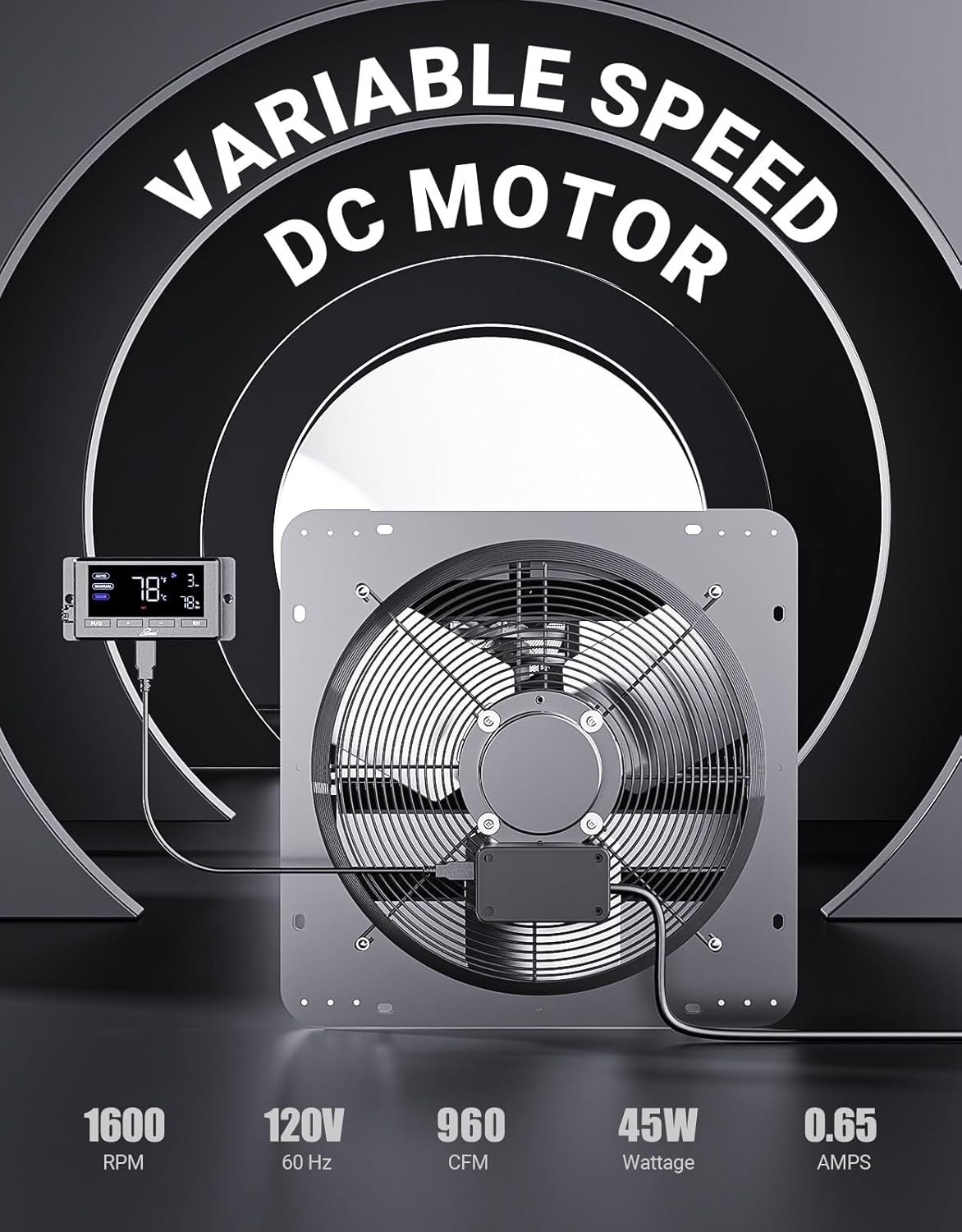iLiving 12" Wall Mounted Shutter Exhaust Fan, Automatic Shutter, Temperature and Humidity Controls with Variable Speed, 960 CFM at 1600 RPM DC Motor