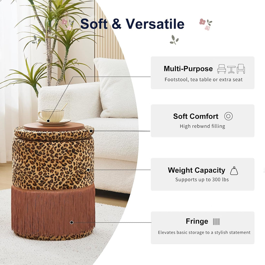 Round Leopard Print Fringe Ottoman with Storage, Farmhouse Tassel Velvet Footrest Stool, Flip Top Vanity Ottoman Chair for Living Room Bedroom
