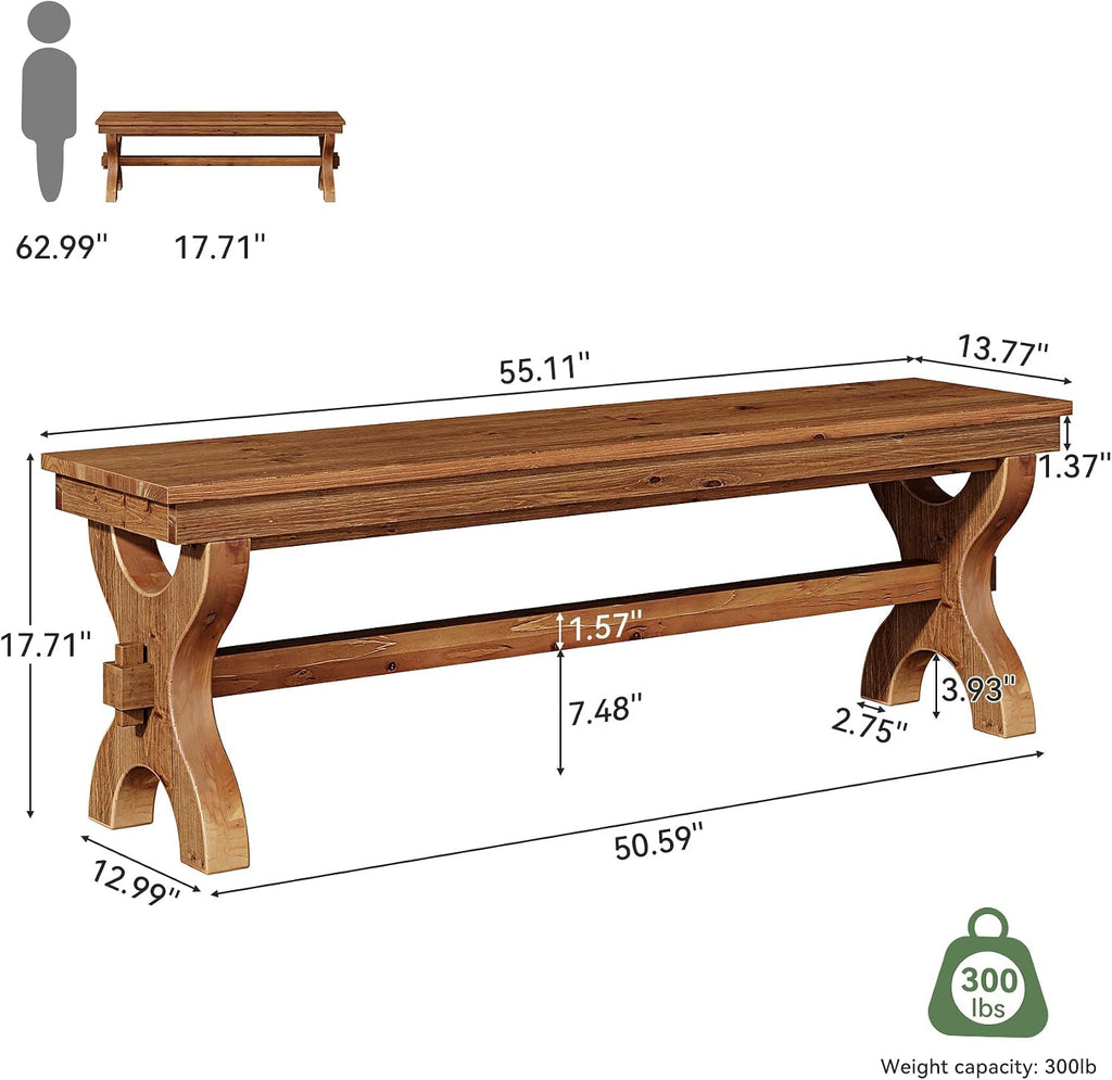 Solid Wood Dining Bench, 55-Inch Long Entryway Shoe Bench, Farmhouse Indoor Seat for Dining Room, Living Room, Hallway, Brown (1, Brown)