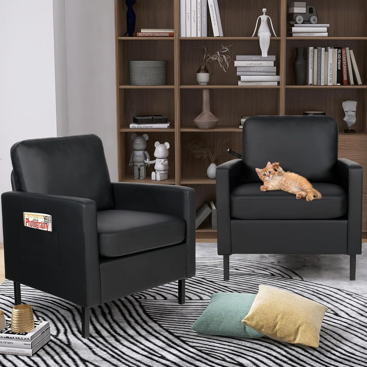 Black Faux Leather Accent Chairs Set of 2 with Arms, Waiting Room, Modern