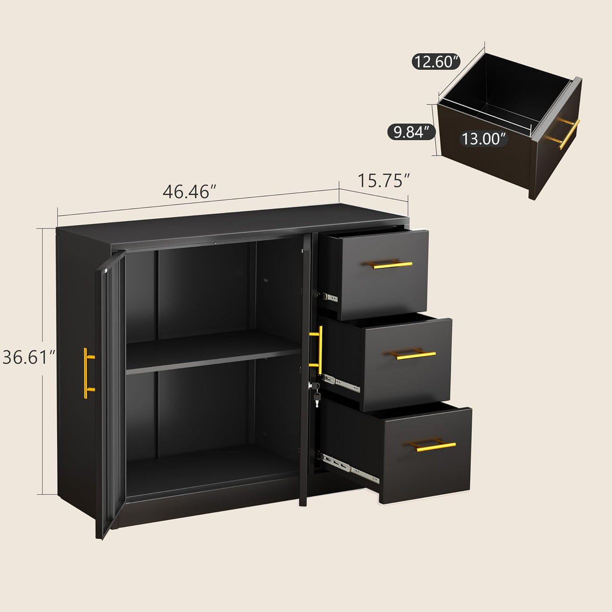 pozdeg Buffet Sideboard Cabinet with Storage, 36.61" H Kitchen Storage Pantry Cabinet with 3 Drawers, Metal Cupboard Coffee Bar Station Table for Kitchen, Living Room, Dining Room (Black)
