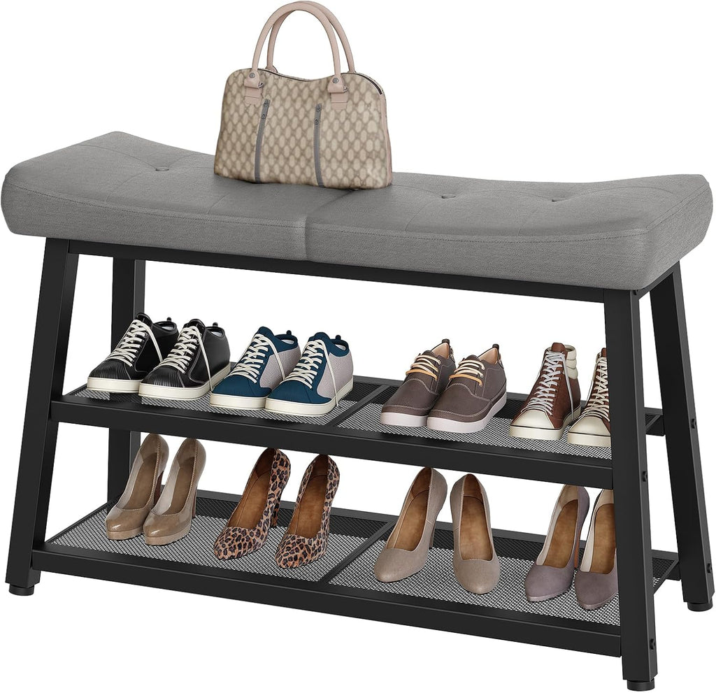 YATINEY Shoe Bench, 3-Tier Shoe Rack, Entryway Bench with Storage and Cushion, for Hallway, Foyer, Bedroom, Gray and Black HX02BG
