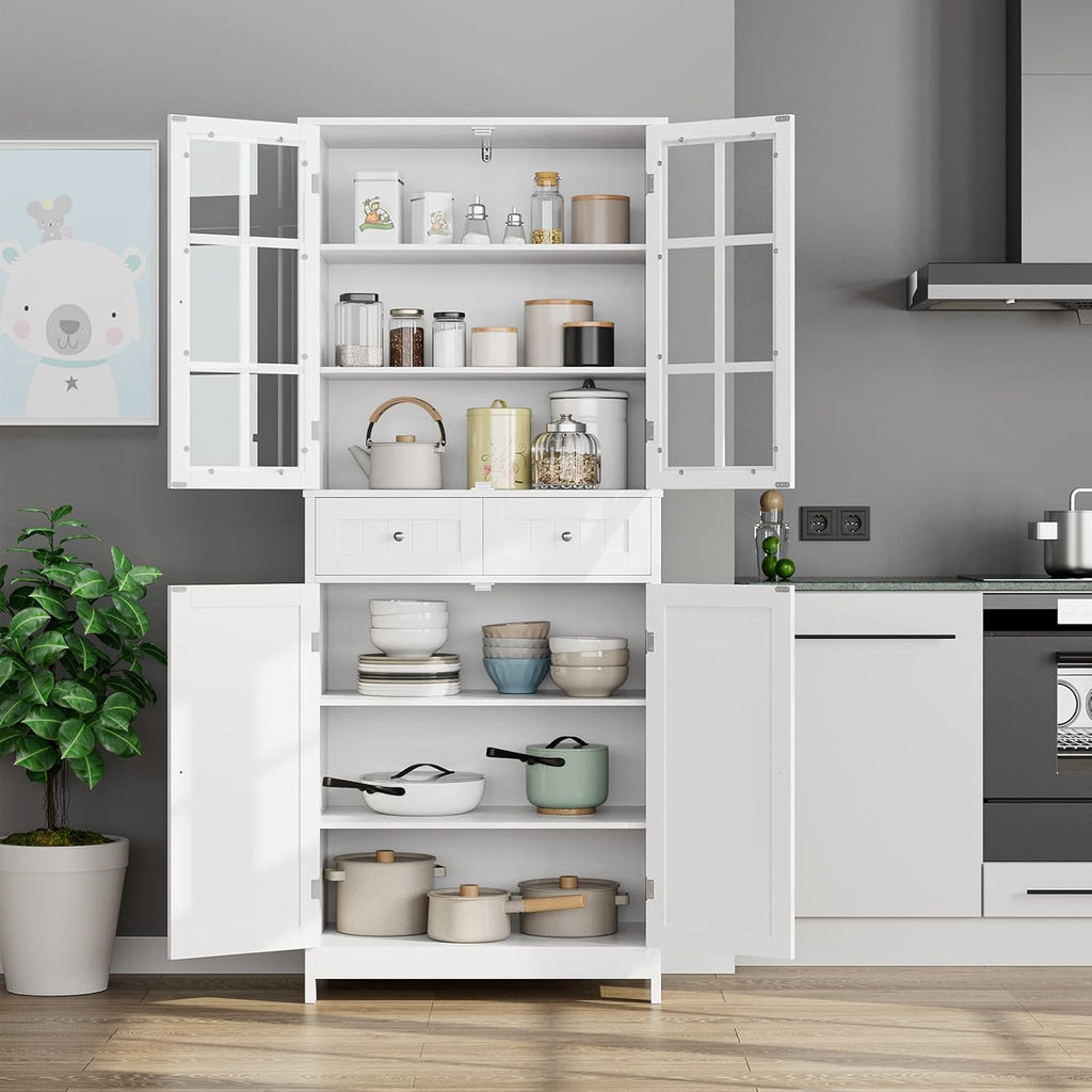 BOTLOG 71" Tall Kitchen Pantry Storage Cabinet, Pantry Cabinet with Drawers and Glass Doors, Freestanding Kitchen Cupboard for Dining Room, Laundry, White
