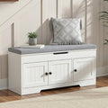 HOOBRO 39.4" Long Entryway Bench with Flip-Top Storage, 3 Tier Shoe Storage Bench with Thickened Padded Seat Cushion, Wooden Shoe Bench with 3 Barn Doors & Adjustable Shelf, White and Gray WG35HX01