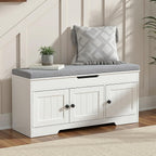 HOOBRO 39.4" Long Entryway Bench with Flip-Top Storage, 3 Tier Shoe Storage Bench with Thickened Padded Seat Cushion, Wooden Shoe Bench with 3 Barn Doors & Adjustable Shelf, White and Gray WG35HX01