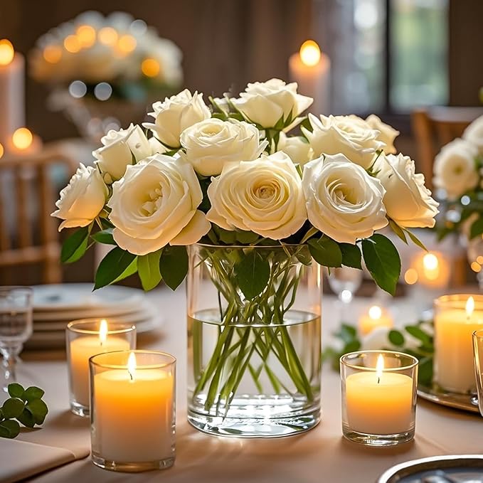 2Pcs Glass Cylinder Vases for Centerpieces, 6" x 4.7" Wide Mouth Flower Vase Hurricane Glass Candle Holders, Clear Vases Bulk with 2 Floral Tapes for Floating Candles Wedding Party Home Decor
