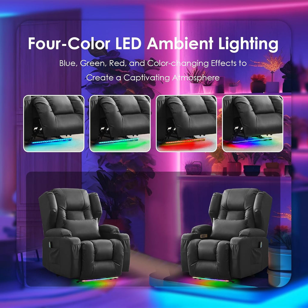 SAMERY Power Recliner Chair, Electric Wall Hugger Recliner Chair Reclining Sofa Home Theater Seating for Living Room with Massage & Heat, USB, LED Lights, Cup Holders, Side Pockets, Lumbar Pillow