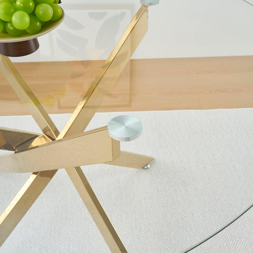 5 Piece Round Glass Dining Table Set for 4, 47" Round Dining Table & Chair Set Modern Circle Glass Kitchen Table and 4 Velvet Upholstered Chairs for Kitchen Dining (Gold Table & Gold Chair)
