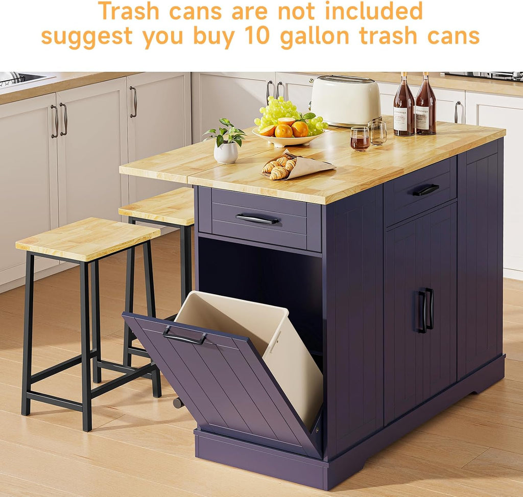 ONBRILL 47" Kitchen Island with Trash Can Storage, Include 2 Chairs, Blue | Stationary Island Table with Drop Leaf & Power Outlet, 3-Tier Spice Rack & Storage Cabinet with Adjustable Shelf