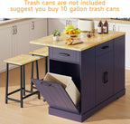 ONBRILL 47" Kitchen Island with Trash Can Storage, Include 2 Chairs, Blue | Stationary Island Table with Drop Leaf & Power Outlet, 3-Tier Spice Rack & Storage Cabinet with Adjustable Shelf