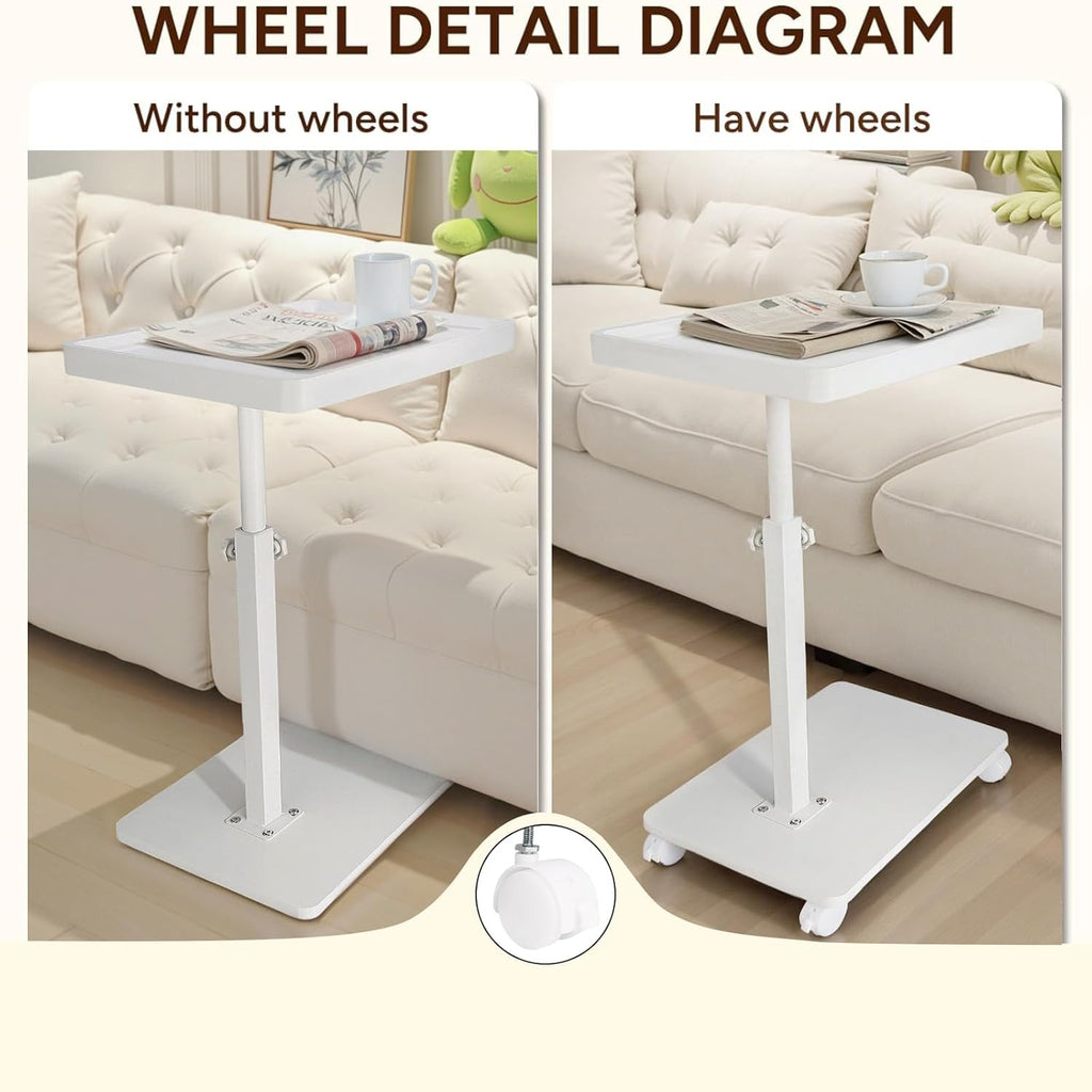 YYW Adjustable C-Shaped End Table with Removable Wheels & Convertible Base - 360° Swivel Height-Adjustable (17.7"-31.5") Sofa/Bedside Table, Minimalist Solid Colors for Modern Spaces (White)