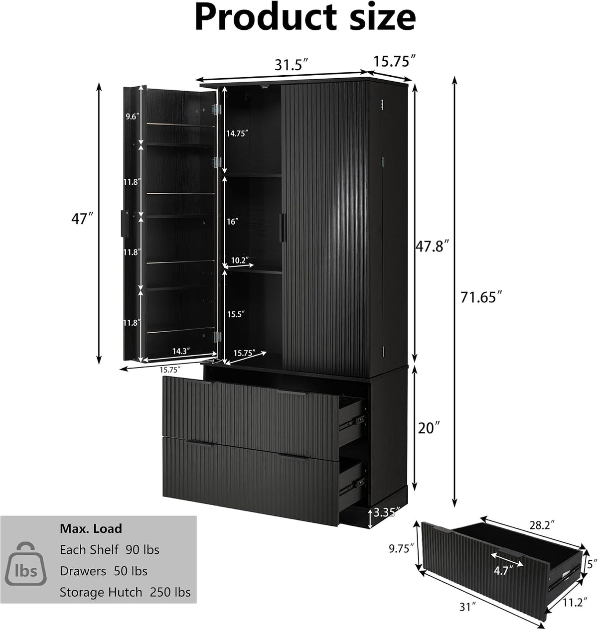 72" Modern Fluted Kitchen Pantry Cabinet with 2 Large Drawers & 8-Door Spice Rack, Freestanding Storage Organizer for Entryway, Dining Room, Office, and Bathroom (Black)