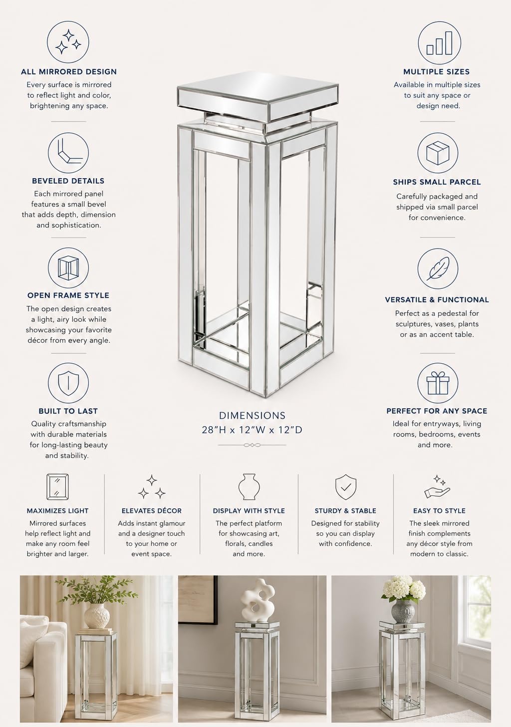 Howard Elliott Collection Small Silver Mirrored Pedestal Accent Table for Home Decoration, Mirrored Finish Design End Table for Bedroom, Entryway or for Any Room, 12 x 12 x 28 Inches