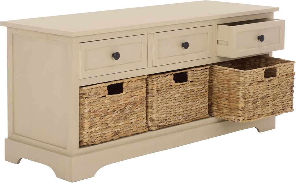 SAFAVIEH Home Collection – Damien Sand 6-Drawer Storage Bench, Mixed-Material Cottage Design, Fully Assembled (AMH5701G)