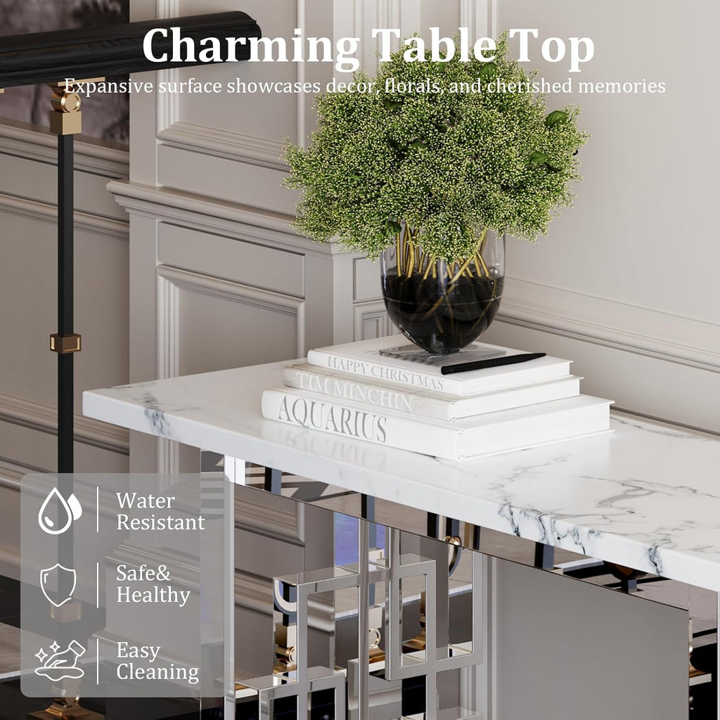 AUZ 55" White and Silver Console Table, Luxury Living Room Sofa Table, Modern Rectangle Console Table for Entryway, Living Room, Office, Foyer, Front Hall, Hallway