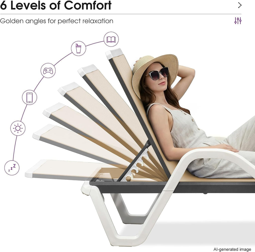 PURPLE LEAF Outdoor Chaise Lounge Set of 2 w/Armrest for Poolside, Khaki | Recline in 5 Positions, Lounge Freely with 400 lbs Support, Enjoy All-Day Cooling & Quick-Dry Comfort