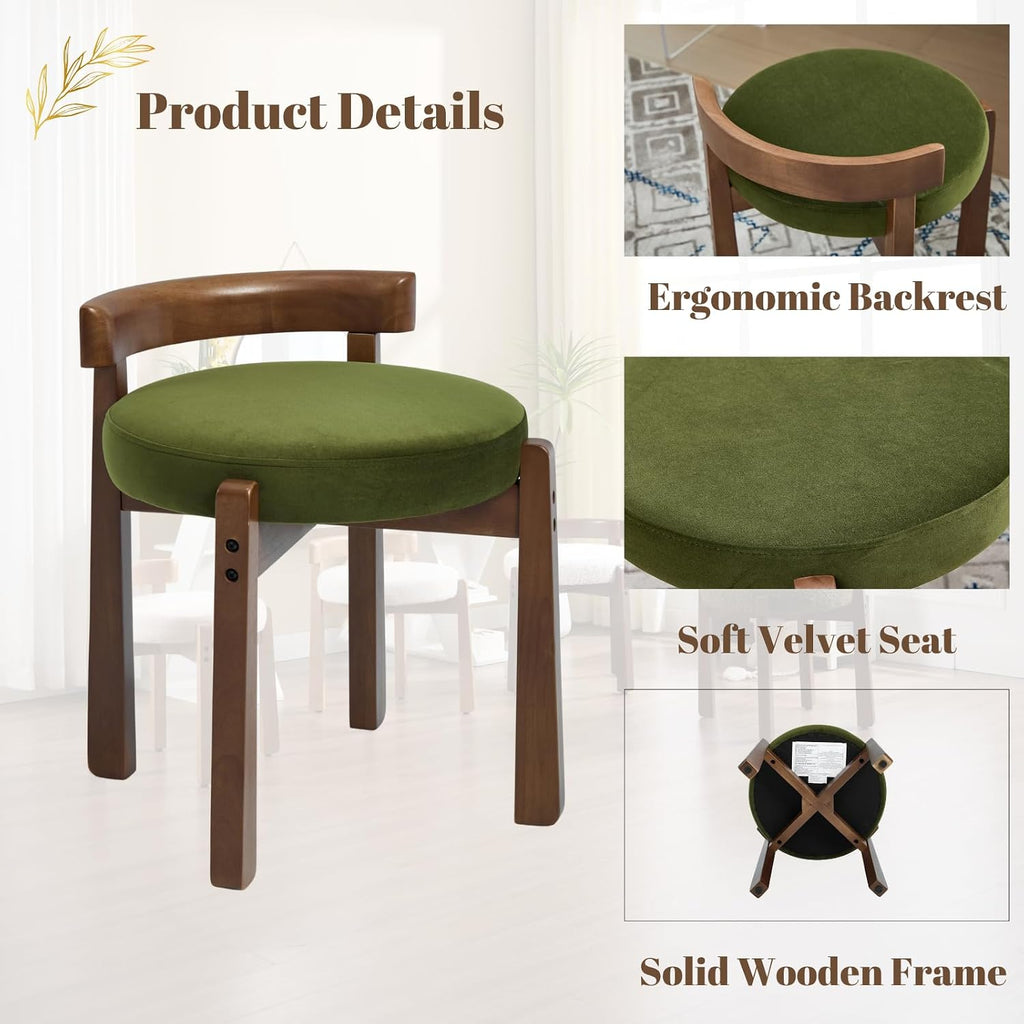 Ya-Home Modern Vanity Chair Upholstered Small Ottoman Footstool, Make Up Stool Velvet Fabric with Backrest Wooden Frame for Living Room Bedrooms, 1PC, Green