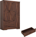 Hlivelood 3 Doors Wardrobe Armoire Closet with Doors and Drawers, Farmhouse Wooden Armoire Storage Cabinet with Shelves & Hanging Rod for Bedroom, Brown