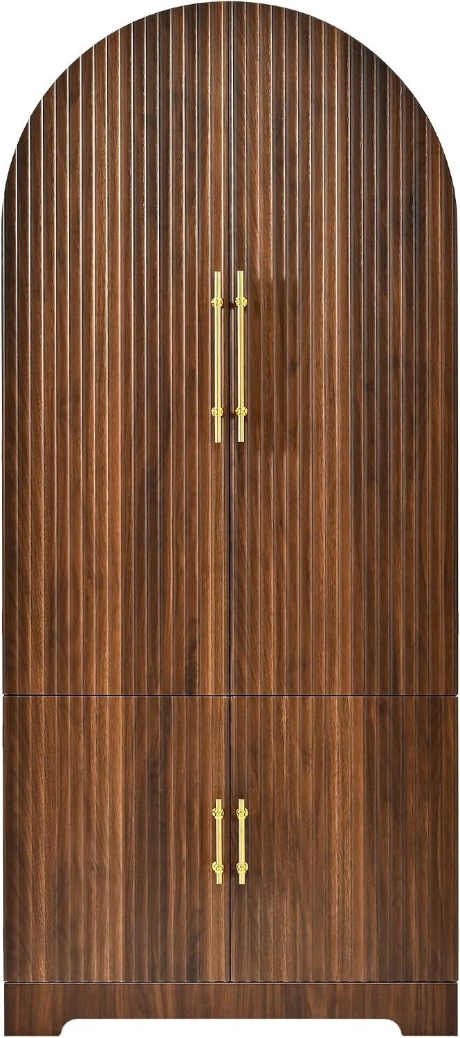 72" Tall Arched Kitchen Pantry Cabinet with Fluted Doors & 8 Shelves, Brown | Storage Cabinet with 3 Adjustable Shelves & Hidden Drawer, Versatile Cupboard for Kitchen, Dining Room