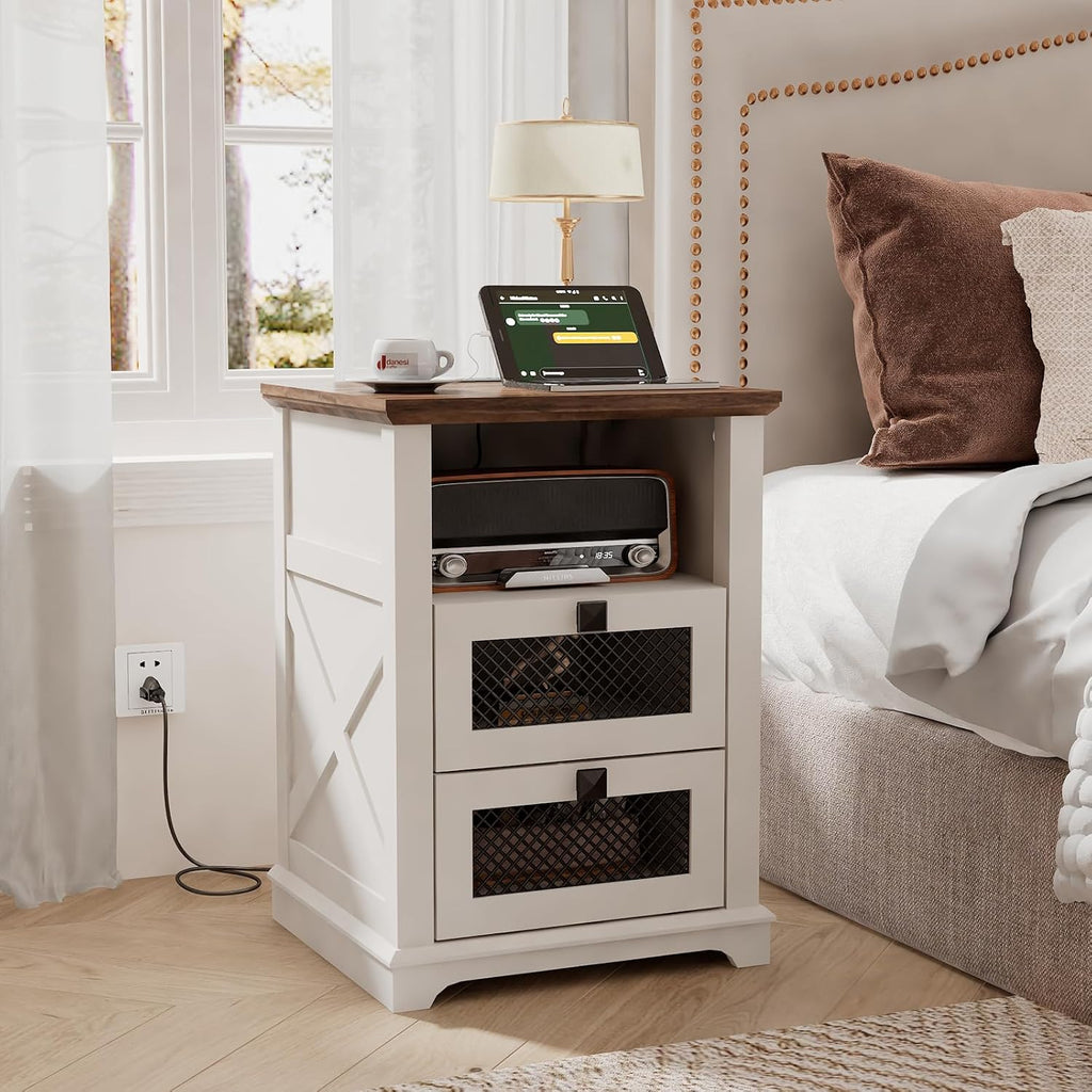 Farmhouse End Table with Charging Station, Nightstand with 2 Drawers & Open Storage,Sofa Side Table with Mesh Drawers, Design Bedside Table for Living Room, Bedroom, White