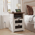 Farmhouse End Table with Charging Station, Nightstand with 2 Drawers & Open Storage,Sofa Side Table with Mesh Drawers, Design Bedside Table for Living Room, Bedroom, White