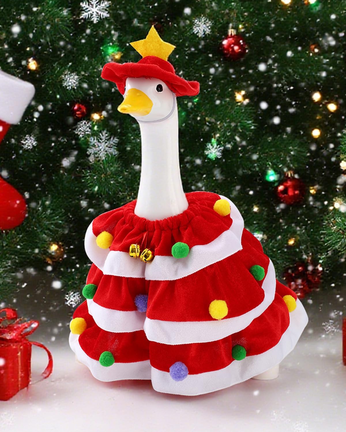 Christmas Porch Goose Outfits with Bells, 2 Pcs/Set Lawn Cement Goose Clothes, 23" Patio Yard Garden Geese Costume Decoration, Red