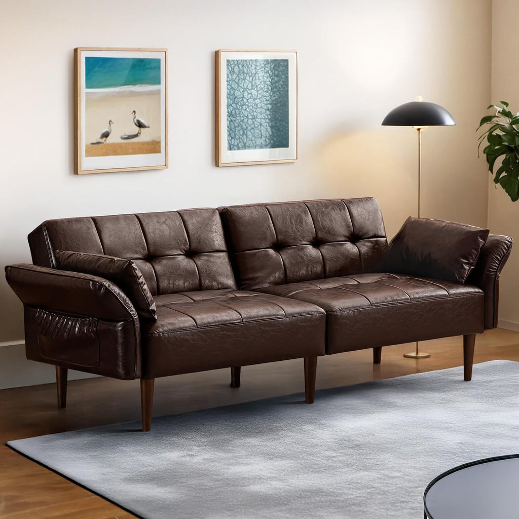 HALLYBEE 85" Futon Faux Leather Couch with Adjustable Armrests Coffee Brown | Futon Sofa Bed, Sleeper Sofa, Small Couch with Pillows, Side Pockets, Mid Century Modern, Living Room, Bedroom, Apartment