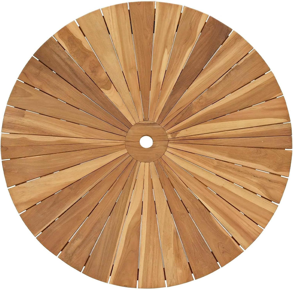 Round Solid Teak Folding Table with Water-Based Finish, 43.31 x 29.53 in, Slatted Top for Drainage, Umbrella Hole, Seats Four for Garden Patio