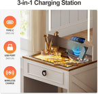 Small Vanity Desk with Mirror and Lights, Charging Station(White) | Makeup Vanity Desk Set with Glass Top & Jewelry Cabinet ,Compact Dressing Table with Storage Wheel Stool for Bedroom