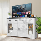 Homdox 55" Buffet Cabinet with Storage, Modern Farmhouse Sideboard with Adjustable Shelves and Glass Doors, Large Wood Coffee Bar Cabinet for Kitchen, Living Room, White