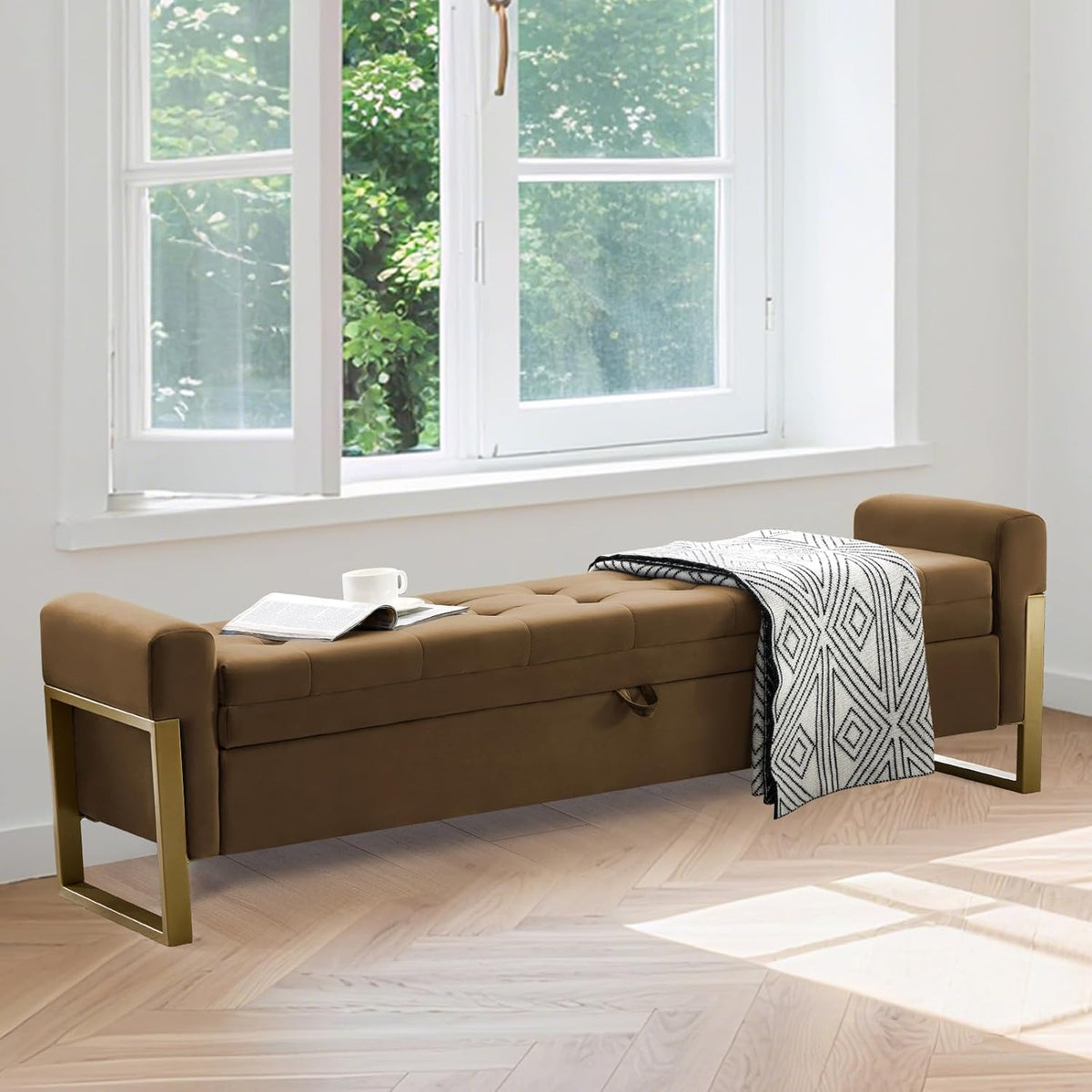 67" Storage Bench for Bedroom, King Size End of Bed Bench, Upholstered Storage Ottoman Bench with Golden Metal Legs, Bedroom Bench for Entryway, Brown