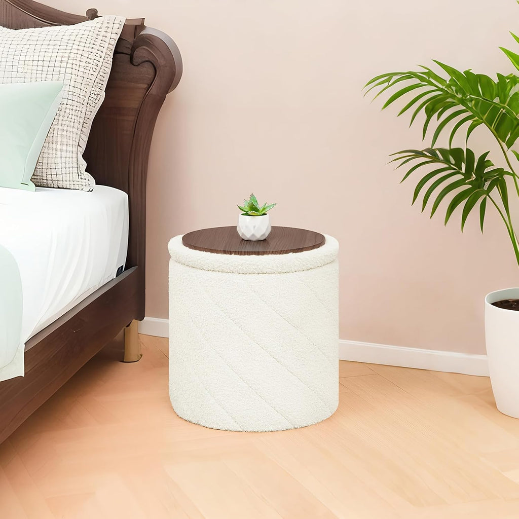 B FSOBEIIALEO Ottoman with Stroage, Boucle Round Storage Ottoman with Tray, Foot Rest Stool for Dorm Room, Living Room White, 12.99"x12.99"x13.78"