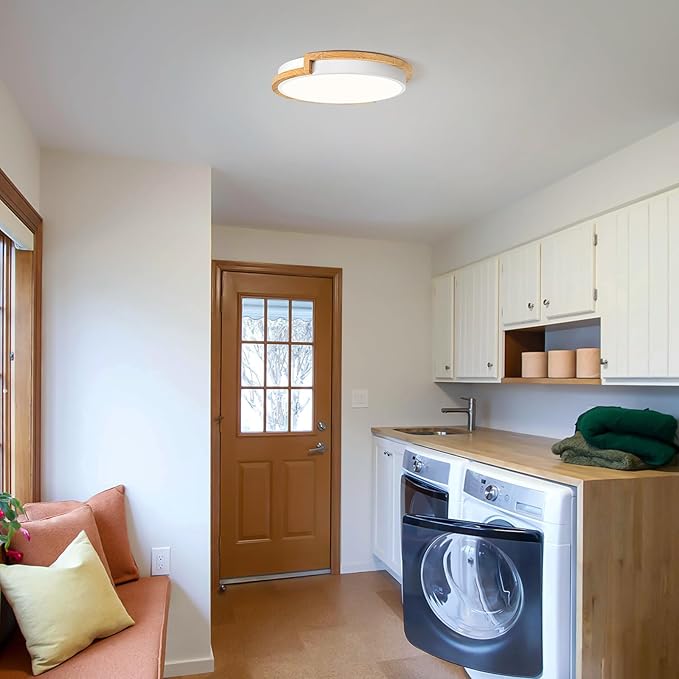 Dimmable Wood LED Flush Mount Ceiling Lights, 5CCT 2700K-6000K White Hallway Lighting Fixtures, Minimalist Round Ceiling Lamp for Bedroom Laundry Room Kitchen Entryway Bathroom 11.8in