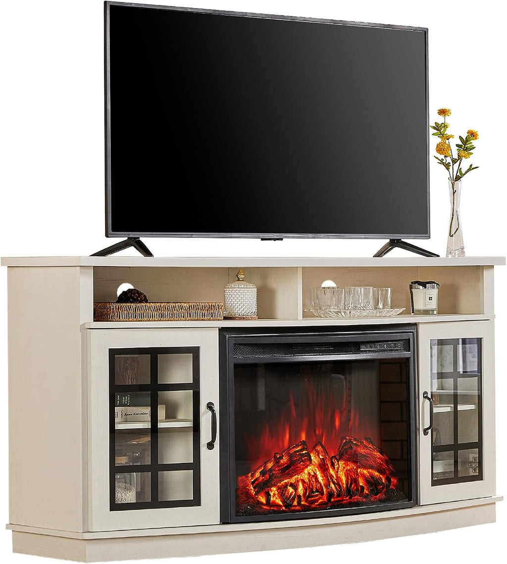 LUXOAK 59" Curved Fireplace TV Stand with Storage Cabinet for TVs Up to 65" | Built 26" Electric Fireplace, Farmhouse Entertainment Center with Open Shelves, Media TV Console for Living Room, White