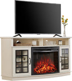 LUXOAK 59" Curved Fireplace TV Stand with Storage Cabinet for TVs Up to 65" | Built 26" Electric Fireplace, Farmhouse Entertainment Center with Open Shelves, Media TV Console for Living Room, White