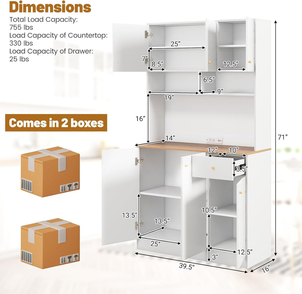71" Tall Kitchen Hutch, Modern Pantry Storage Cabinet with Power Outlets, Microwave Shelf, Adjustable Shelves, Freestanding Buffet Cupboard for Dining Room