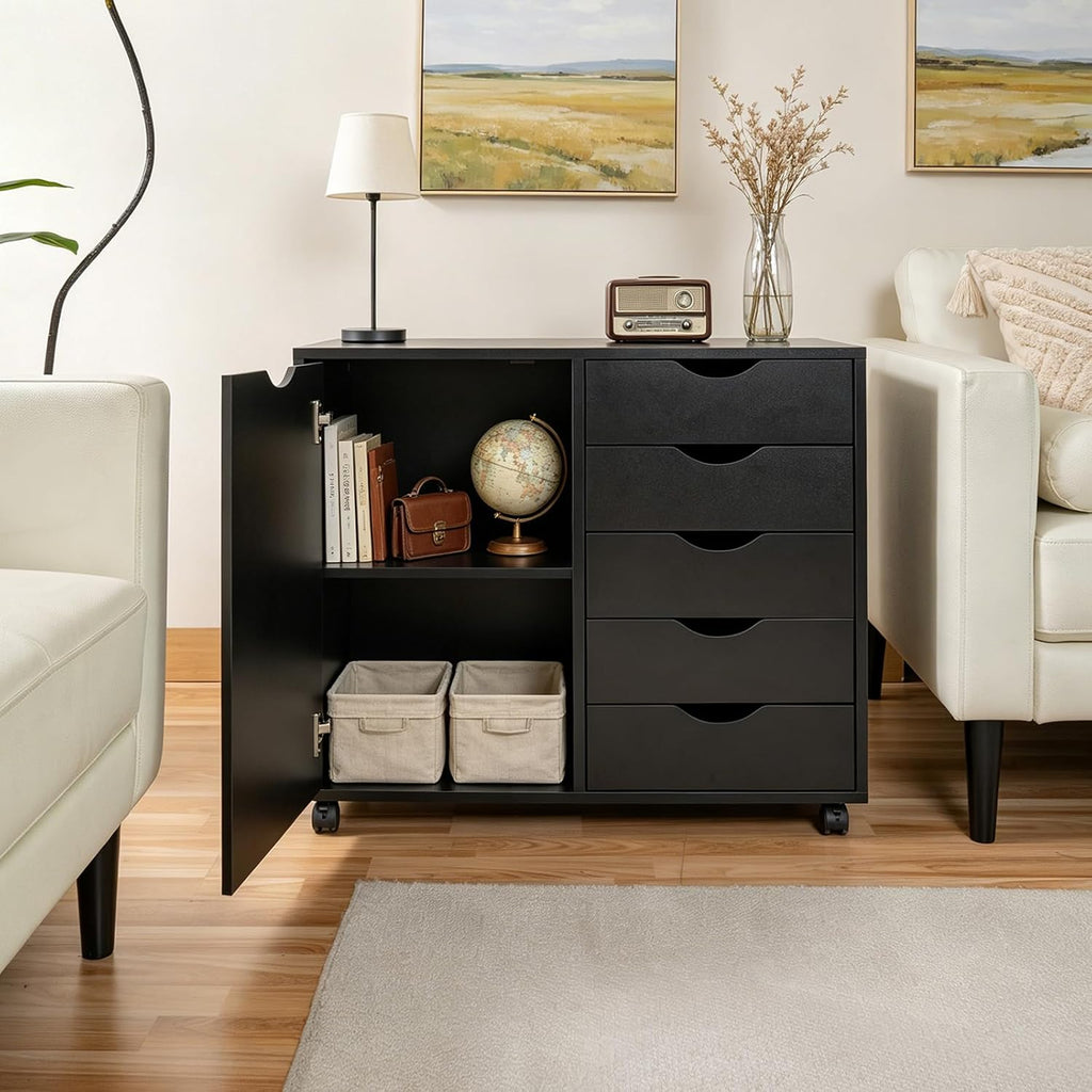 5 Drawer Wood Storage cabinets, Chest of Drawers for Home Office, Printer Stand with Adjustable Shelf (Black)