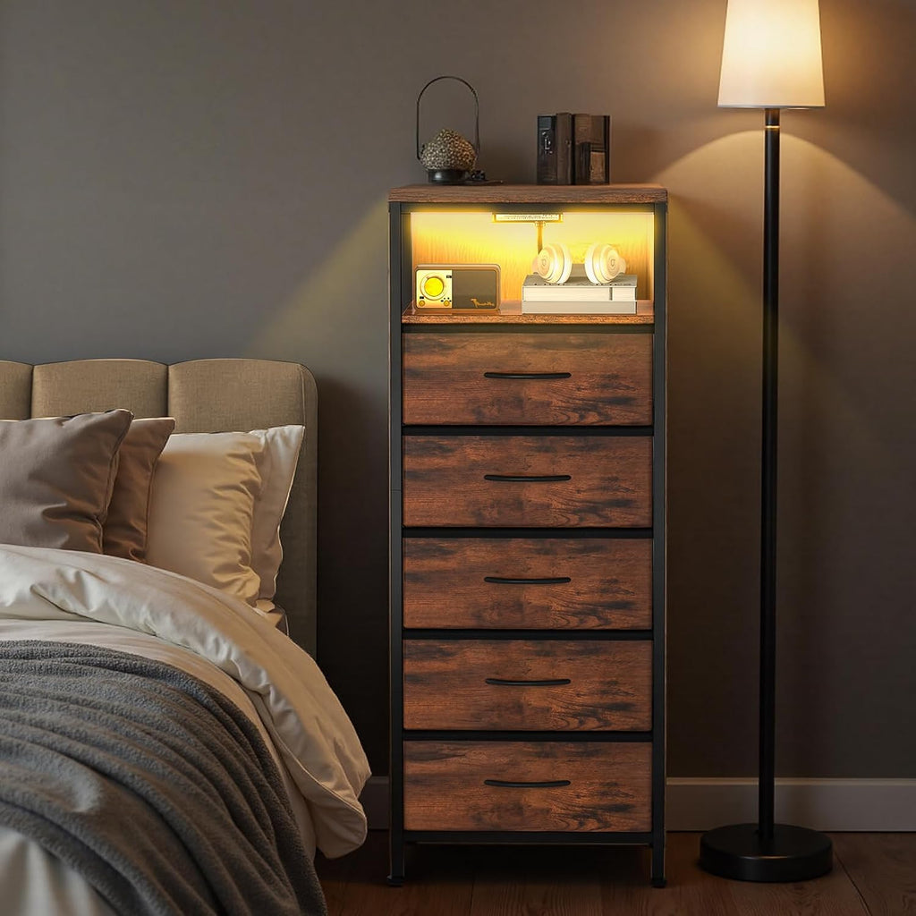 Sweetcrispy Nightstand with Charging Station 5 Fabric Drawers Bedside Table | Night Stand with USB Type-C Ports, AC Outlets & Dimmable LED Light Strip, Modern Rustic Brown Bedroom End Table