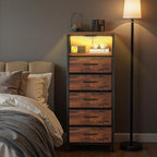 Sweetcrispy Nightstand with Charging Station 5 Fabric Drawers Bedside Table | Night Stand with USB Type-C Ports, AC Outlets & Dimmable LED Light Strip, Modern Rustic Brown Bedroom End Table