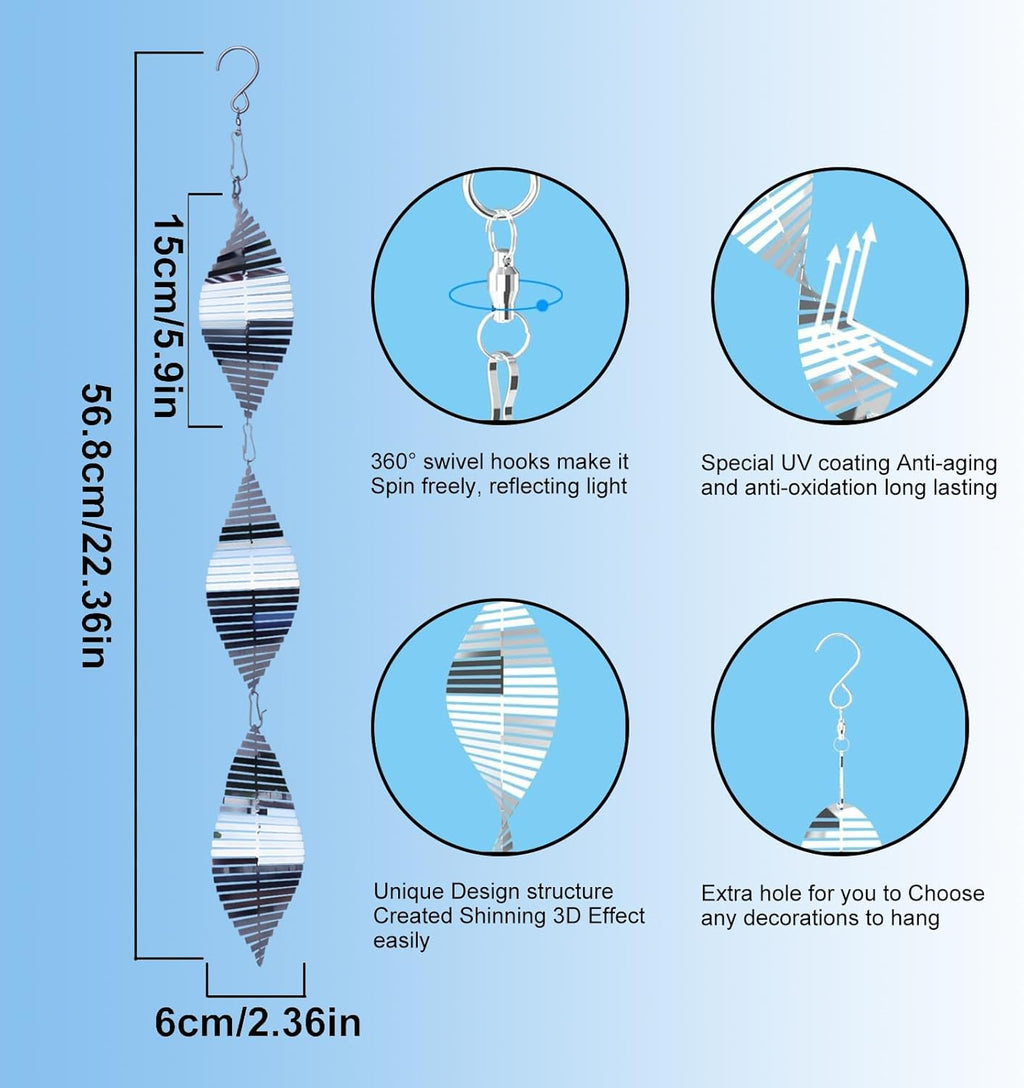 3x3 Stainless Steel Bird Scare Discs Set,3D Reflective Helix Wind Spinners with Rotating Hooks, Sparkly Metal Decor & Gentle Light Deterrent for Yards/Farms/Orchards