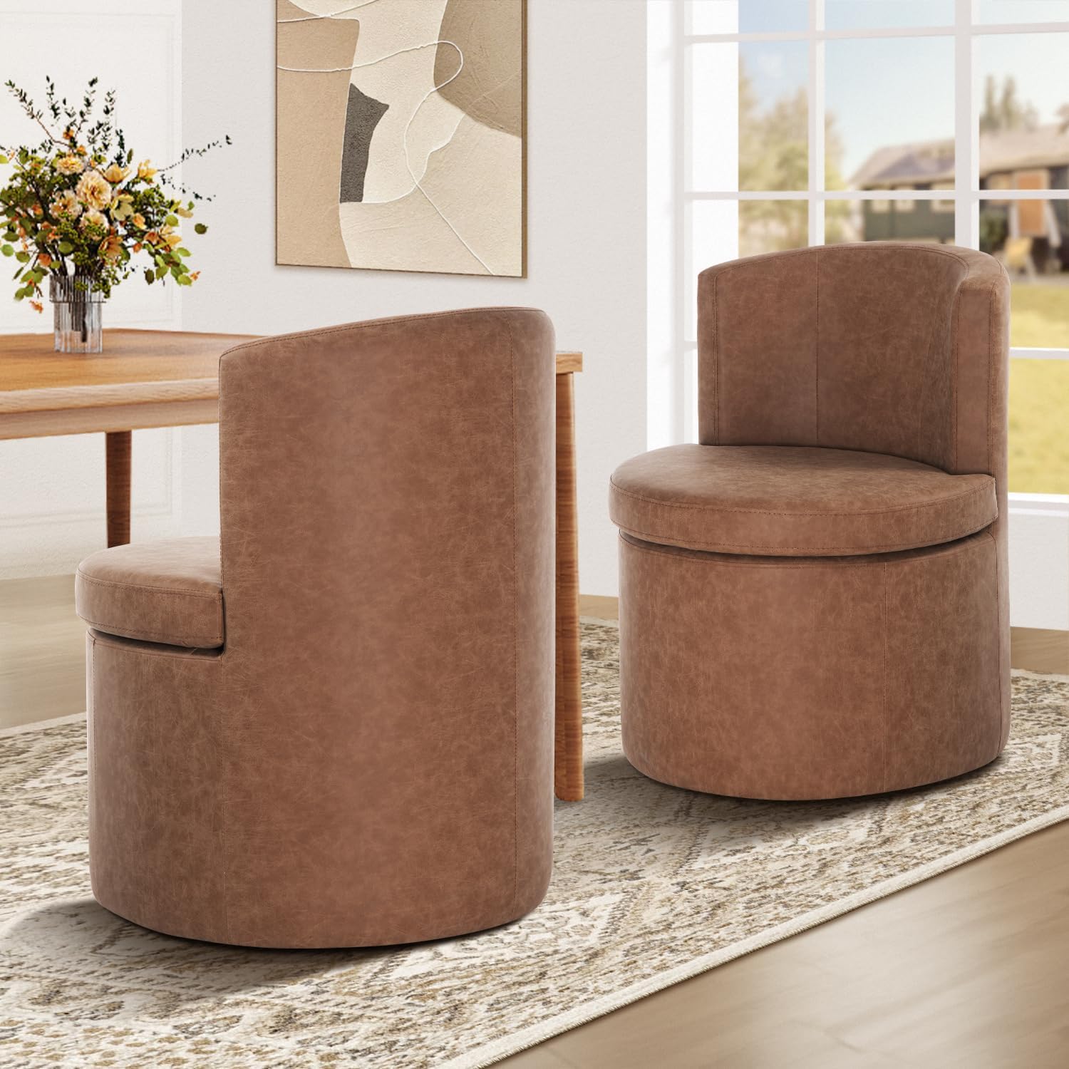 Faux Leather Rolling Dining Chairs with Casters Set of 2, Modern Upholstered Kitchen & Dining Room Comfortable Decorative Chairs, for Bedroom Reading Room Living, Dark Brown